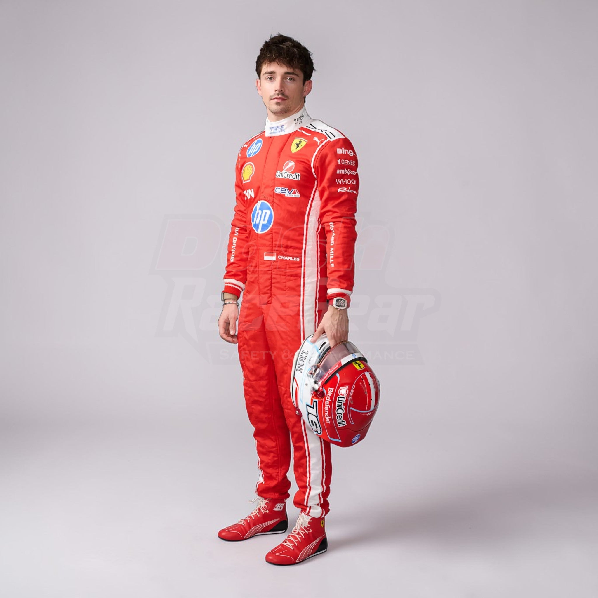 Charles Leclerc Ferrari Formula 1 2026 race suit with helmet